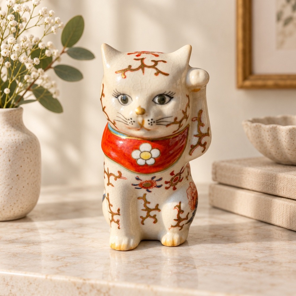 Vintage Andrea by Sadek Japan Maneki Neko Lucky Cat Figurine Floral Gold Accents